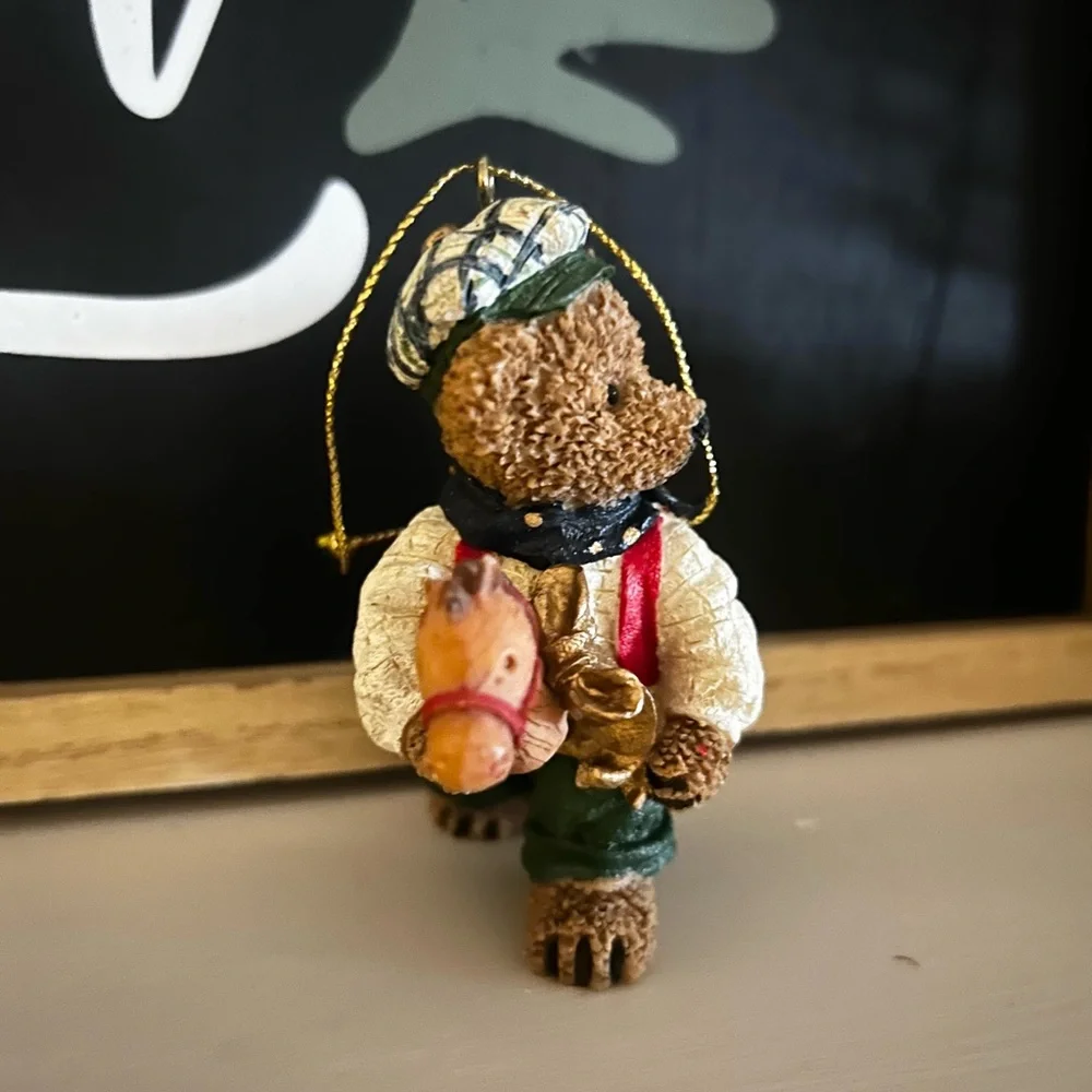 Vintage Kirkland Charming Teddy Bear Riding Stick Horse Christmas Ornament